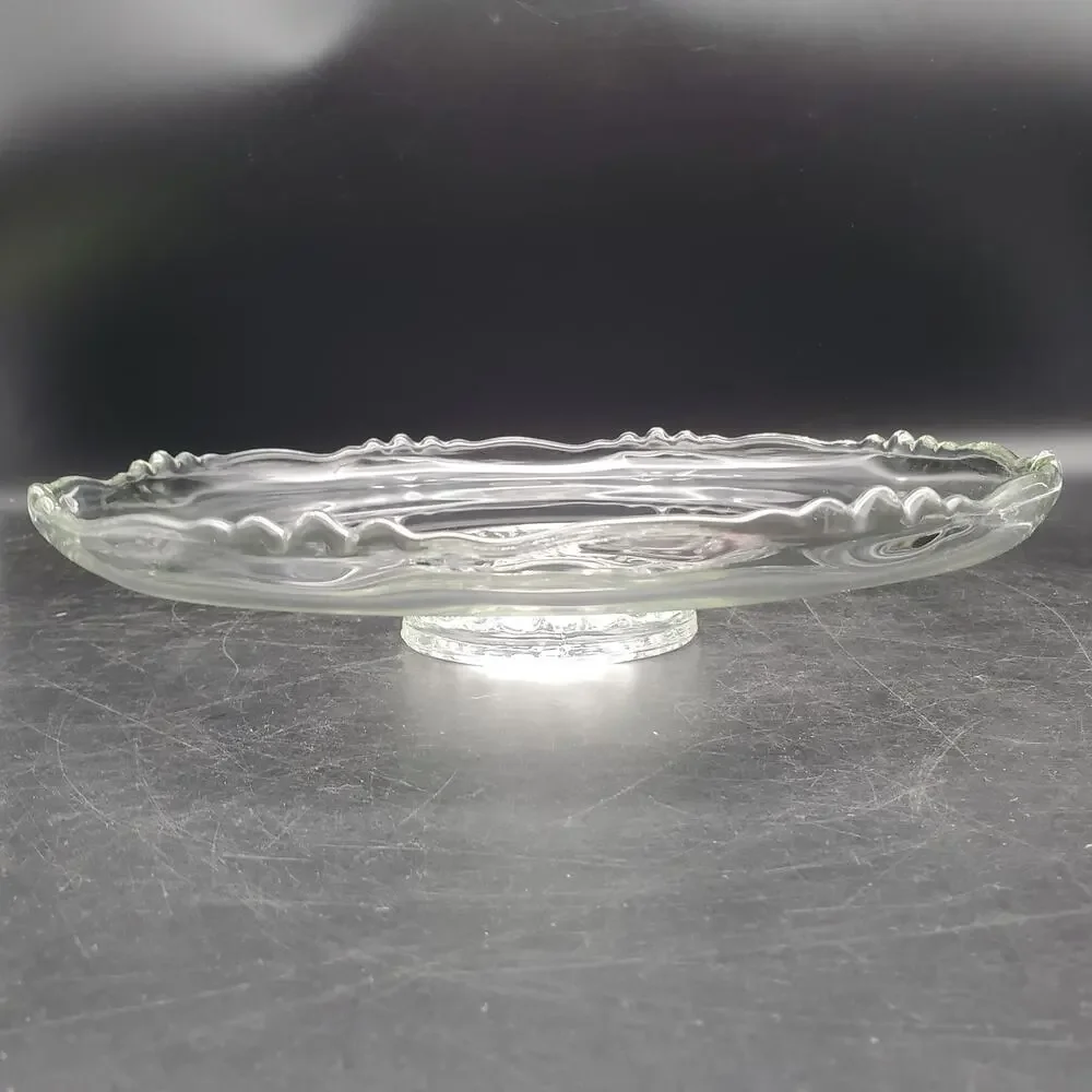 Vintage Clear Glass Low Pedestal Cake Stand Scalloped Rim Serving Plate